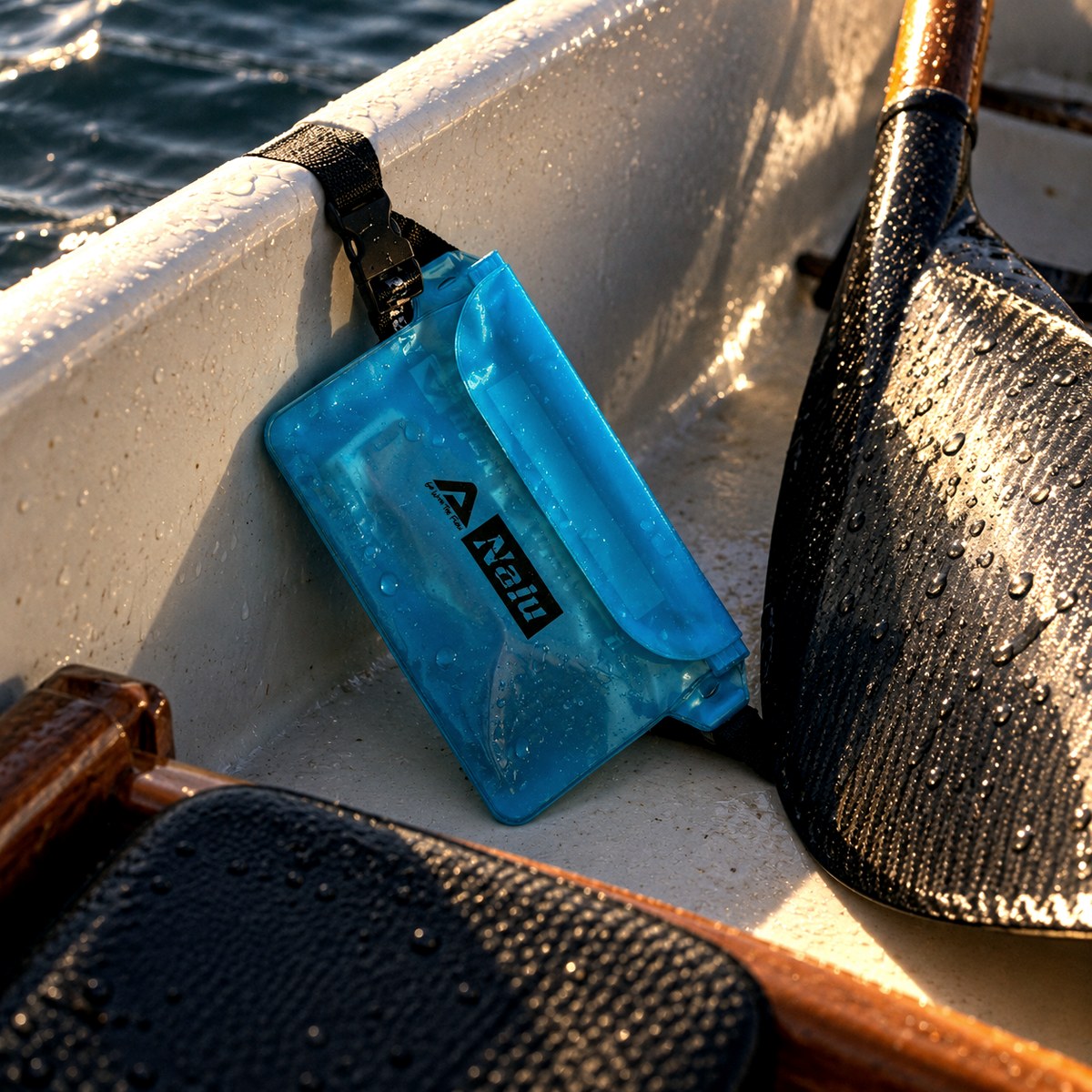 The blue Nalu pouch clipped to the side of a canoe beside the seat