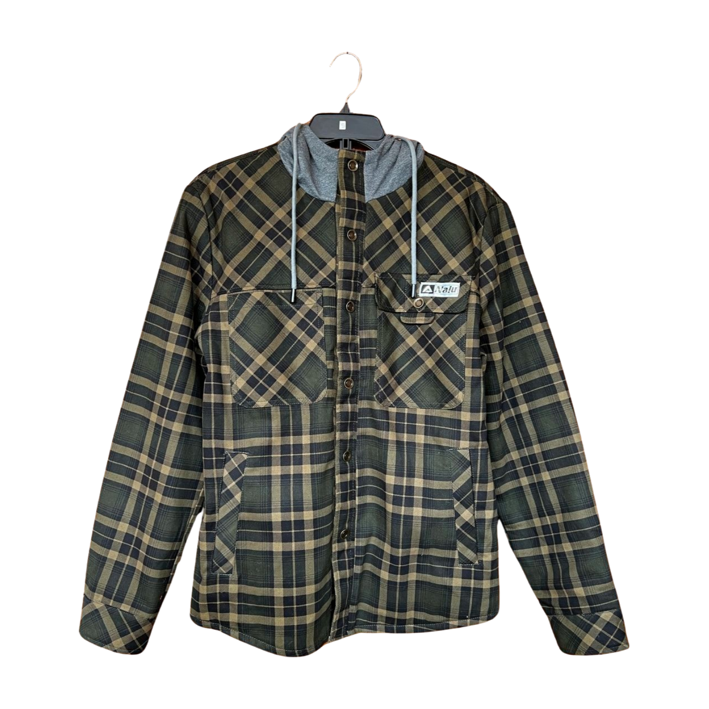 Aloha Aina Poi Co. - Hooded Flannel Jacket - Green & Tan - Front View