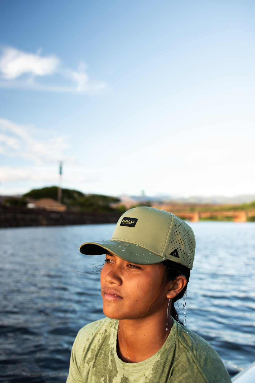 Nalu Green Waterproof Hat - Side View | Nalu Gear