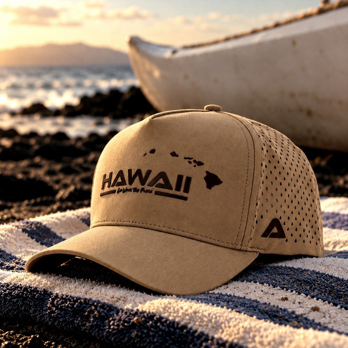 The khaki Hawaiʻi snapback on a beach towel beside a canoe hull