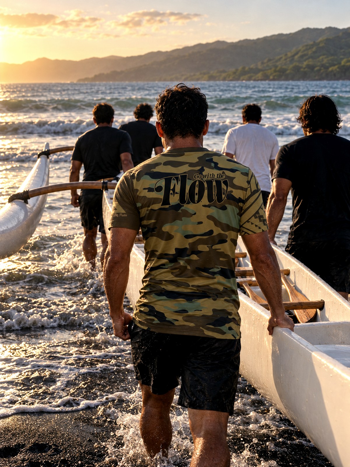 A paddling crew carries an outrigger canoe into the surf, one paddler in the camo Nalu jersey