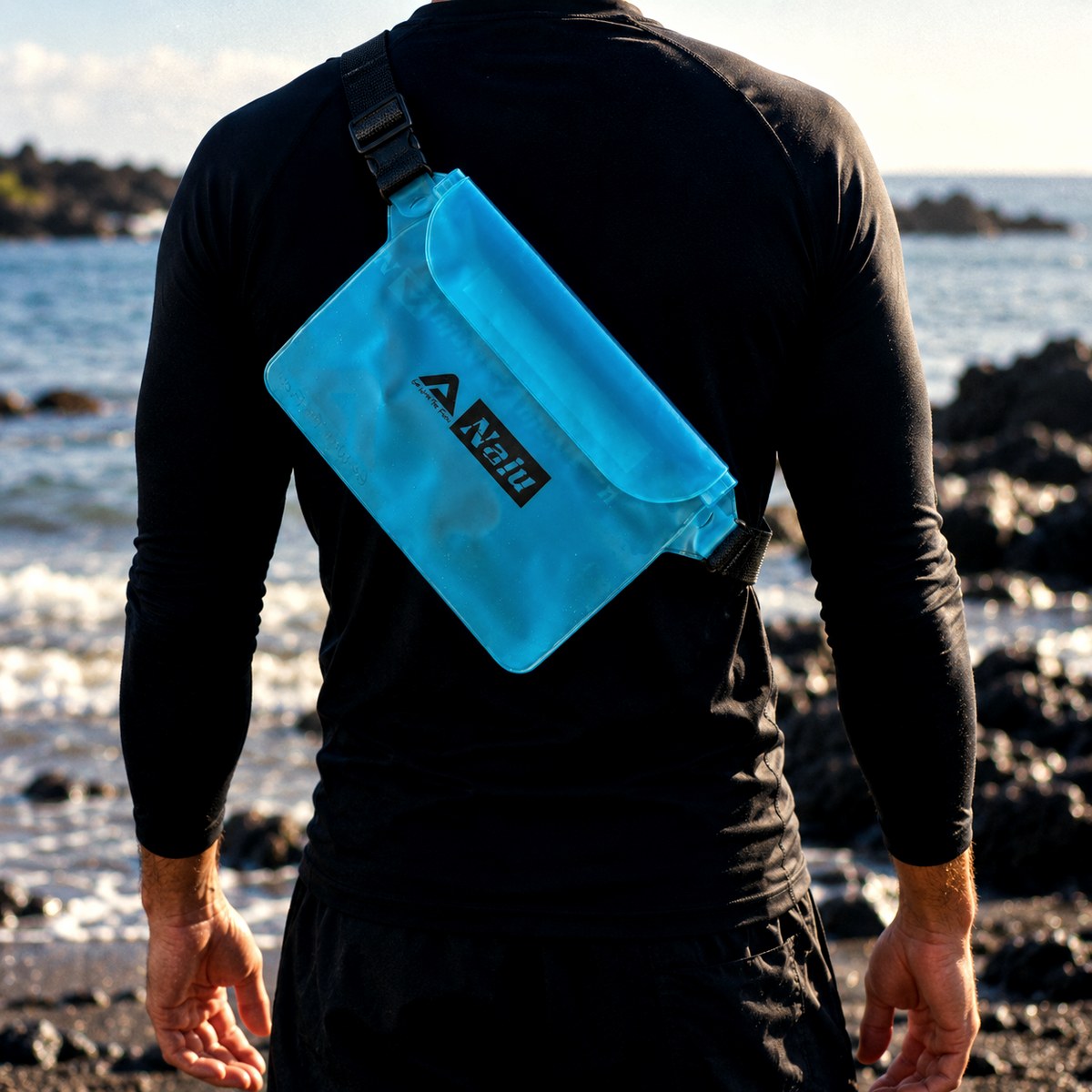 The blue Nalu pouch worn across a paddler's back