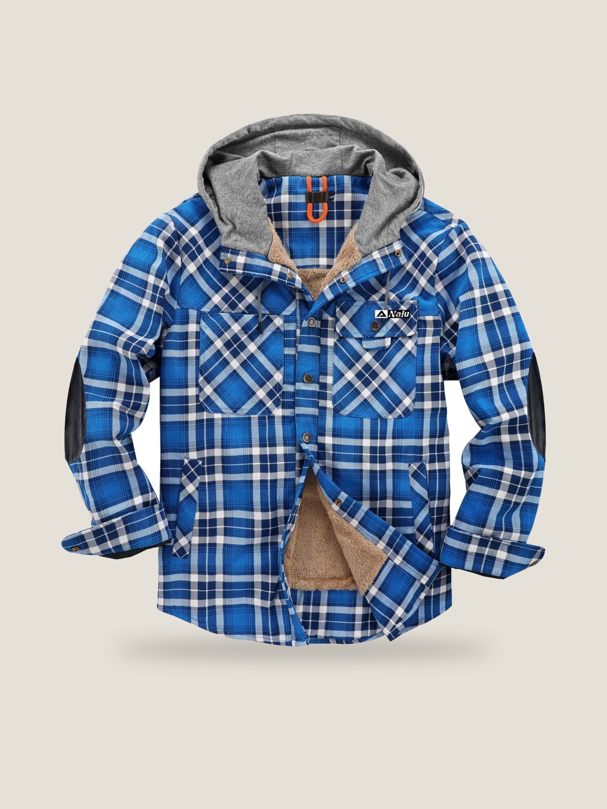 Nalu Flannel Jacket - Blue, open, showing the sherpa lining