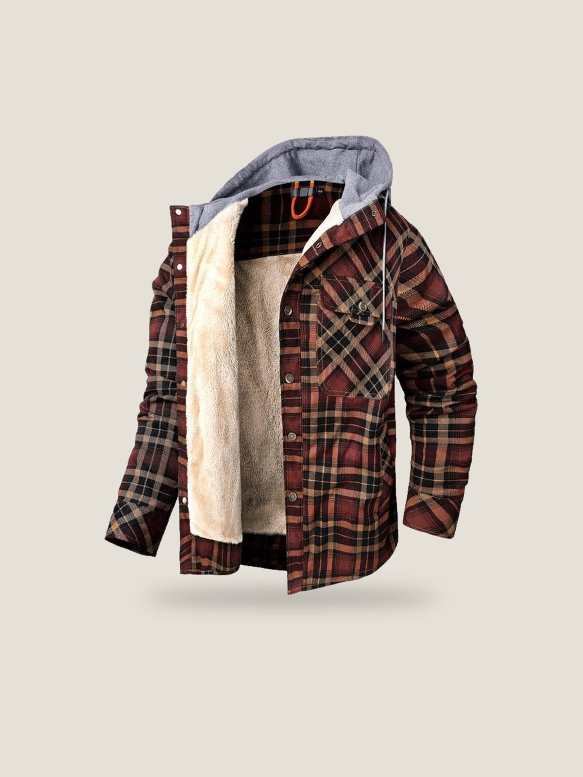 Nalu Flannel Jacket - Brown, open, showing the sherpa lining